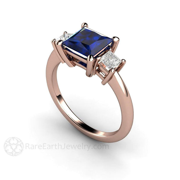 Blue Sapphire Engagement Ring 3 Stone with Princess cut Diamonds - 18K Rose Gold - Blue - Princess Square - Sapphire - Rare Earth Jewelry