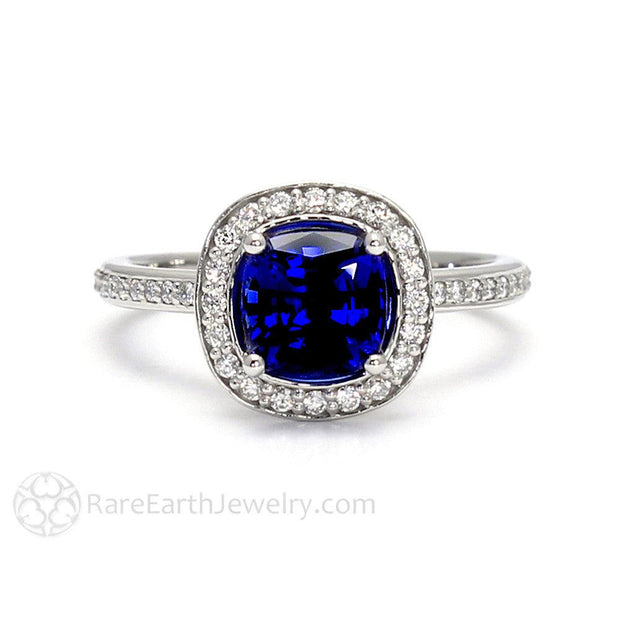 Blue Sapphire Engagement Ring Cushion Halo with Diamonds 18K White Gold - Rare Earth Jewelry