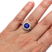 Blue Sapphire Engagement Ring Cushion Halo with Diamonds 14K White Gold - Rare Earth Jewelry