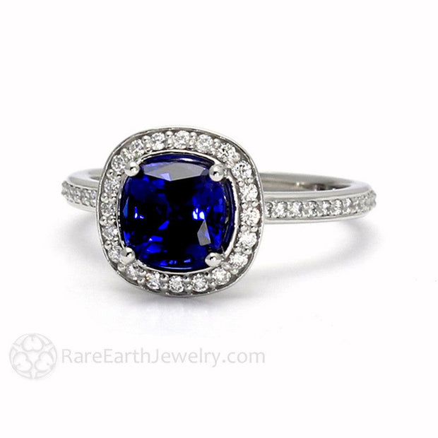 Blue Sapphire Engagement Ring Cushion Halo with Diamonds Platinum - Rare Earth Jewelry