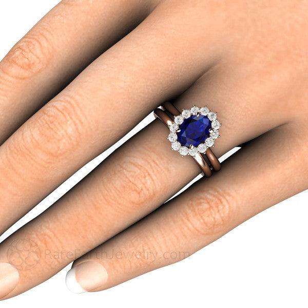 Blue Sapphire Engagement Ring Diamond Halo Oval Cluster 14K Rose Gold - Wedding Set - Rare Earth Jewelry