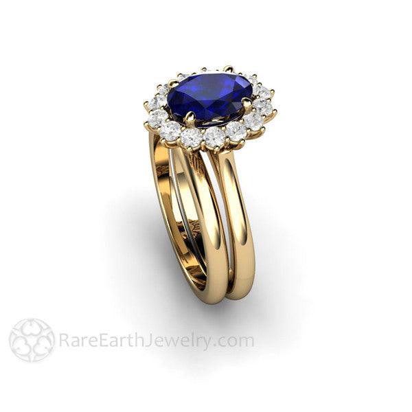 Blue Sapphire Engagement Ring Diamond Halo Oval Cluster 14K Yellow Gold - Wedding Set - Rare Earth Jewelry