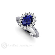 Blue Sapphire Engagement Ring Diamond Halo Oval Cluster Platinum - Engagement Only - Rare Earth Jewelry