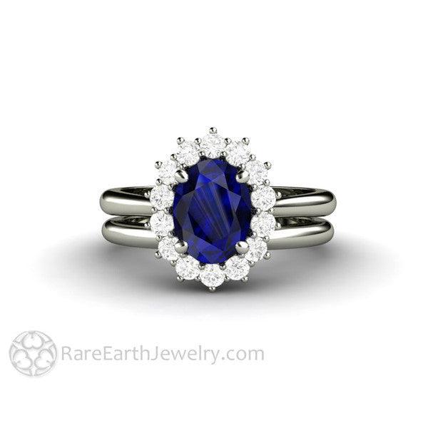 Blue Sapphire Engagement Ring Diamond Halo Oval Cluster 14K White Gold - Wedding Set - Rare Earth Jewelry