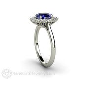 Blue Sapphire Engagement Ring Diamond Halo Oval Cluster 14K White Gold - Engagement Only - Rare Earth Jewelry