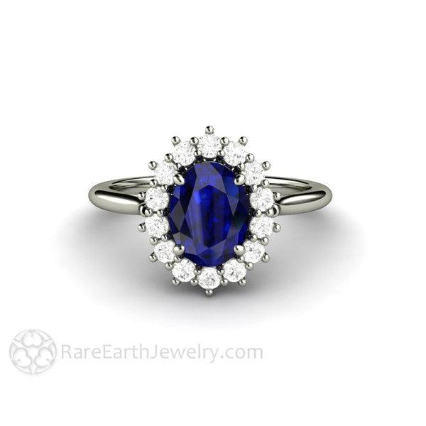 Blue Sapphire Engagement Ring Diamond Halo Oval Cluster 14K White Gold - Engagement Only - Rare Earth Jewelry