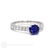 Blue Sapphire Engagement Ring Round Sapphire Solitaire with Diamonds 14K White Gold - Rare Earth Jewelry