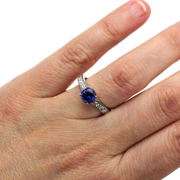 Blue Sapphire Engagement Ring Round Sapphire Solitaire with Diamonds 14K White Gold - Rare Earth Jewelry