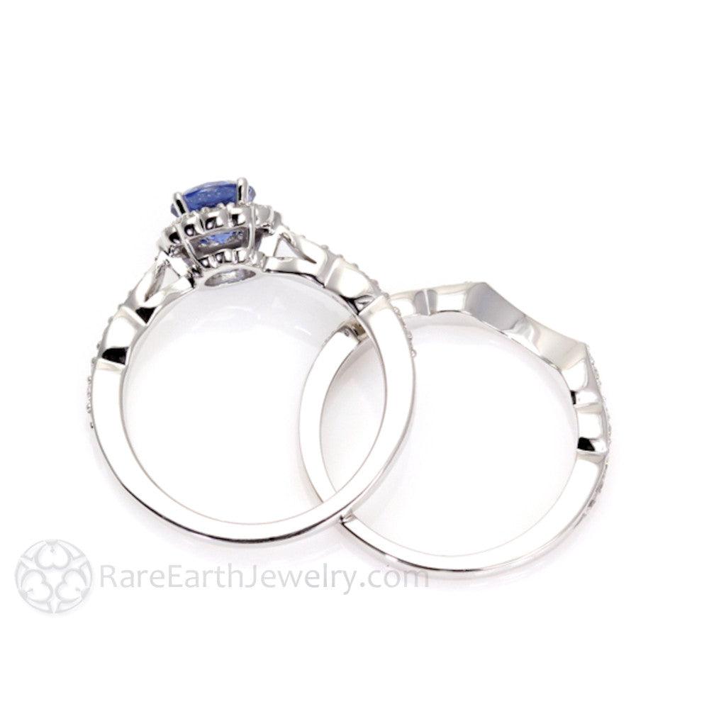 Blue Sapphire Engagement Ring Vintage Style Diamond Halo - Rare Earth Jewelry