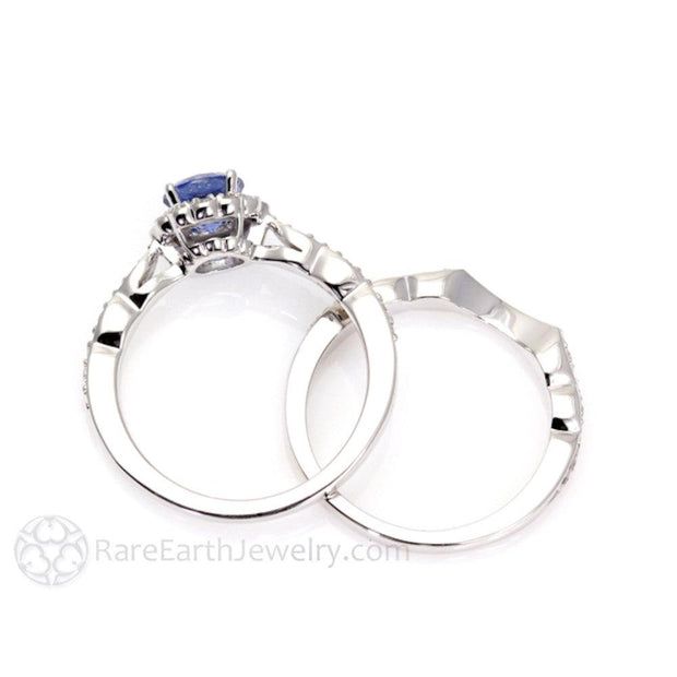 Blue Sapphire Engagement Ring Vintage Style Diamond Halo 14K White Gold - Engagement Only - Rare Earth Jewelry