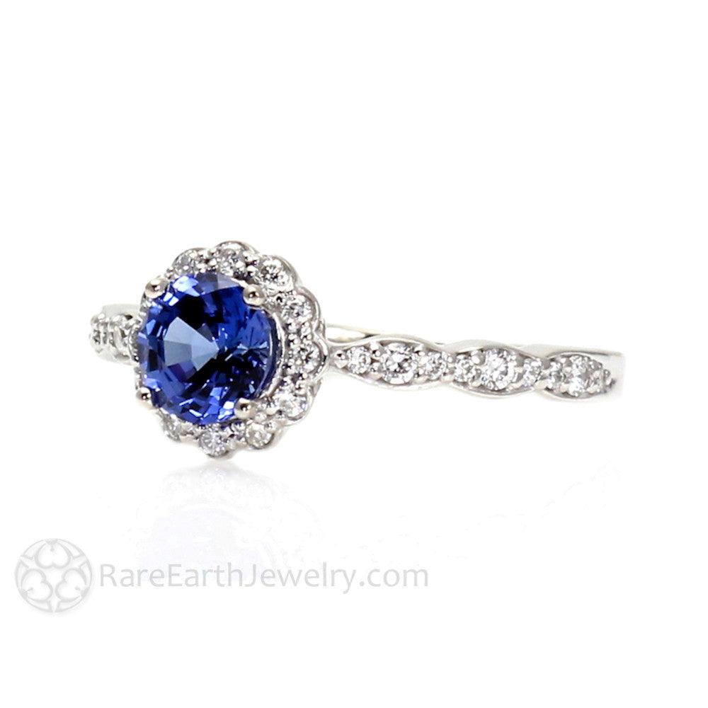 Blue Sapphire Engagement Ring Vintage Style Diamond Halo - Rare Earth Jewelry