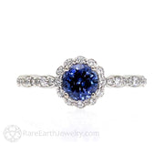 Blue Sapphire Engagement Ring Vintage Style Diamond Halo 14K White Gold - Engagement Only - Rare Earth Jewelry