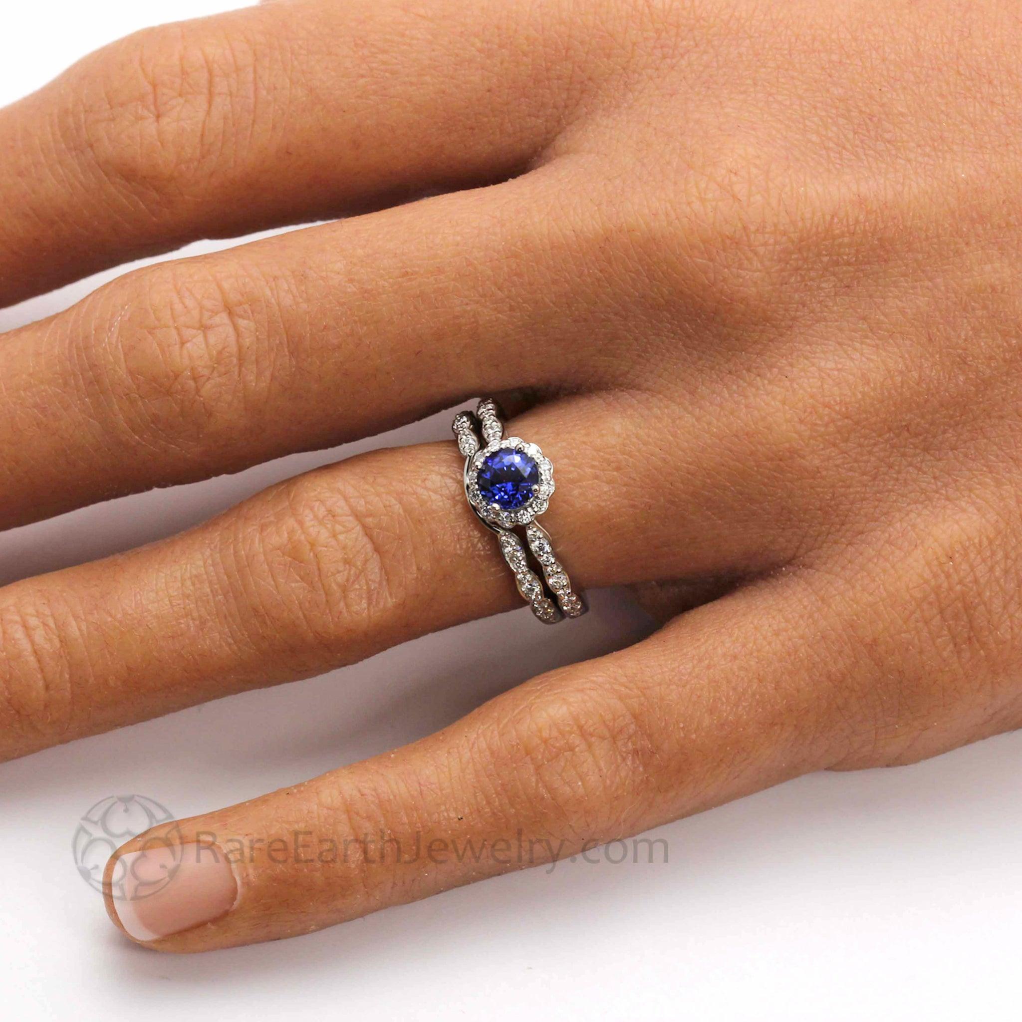 Blue Sapphire Engagement Ring Vintage Style Diamond Halo Rare Earth Jewelry