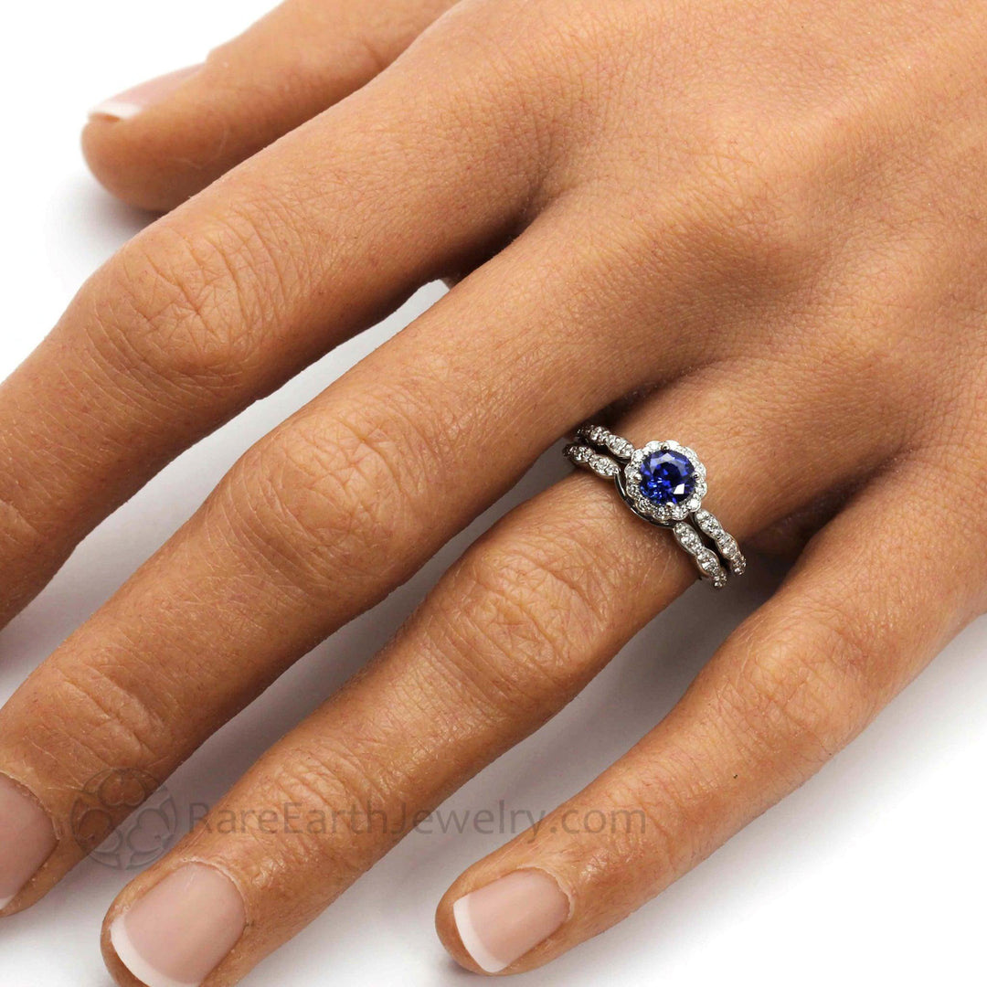 Blue Sapphire Engagement Ring Vintage Style Diamond Halo - Rare Earth Jewelry