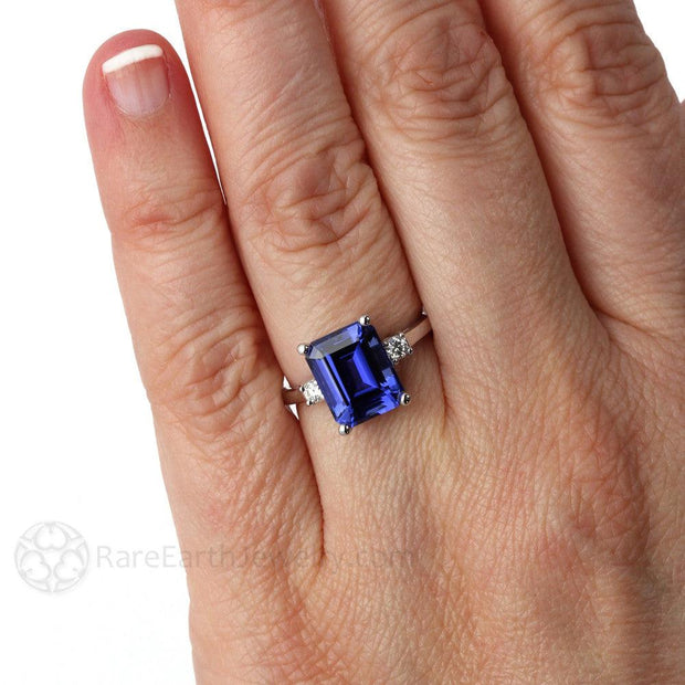 Blue Sapphire Ring 3 Stone Engagement Ring with Diamonds Platinum - Rare Earth Jewelry