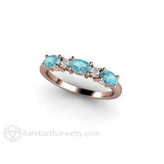 Blue Zircon and Diamond Ring East West Oval Cut Anniversary Band 14K Rose Gold - Rare Earth Jewelry