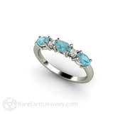Blue Zircon and Diamond Ring East West Oval Cut Anniversary Band 18K White Gold - Rare Earth Jewelry