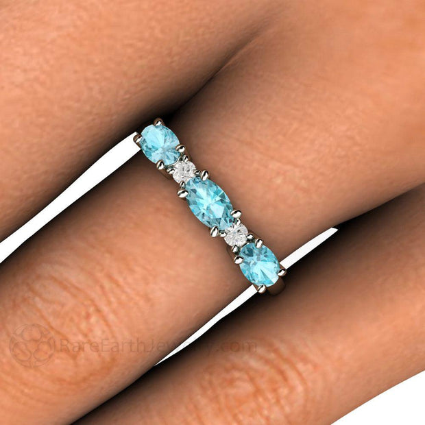 Blue Zircon and Diamond Ring East West Oval Cut Anniversary Band 14K Yellow Gold - Rare Earth Jewelry