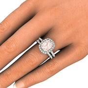Bridal Set Cushion Cut Halo Morganite Engagement Ring Platinum - Rare Earth Jewelry