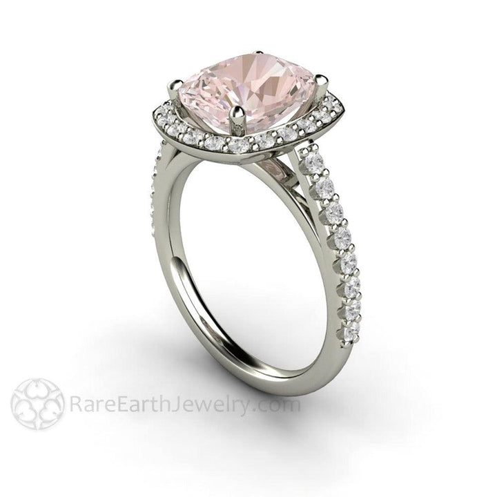 Morganite Cushion Cut Halo Engagement Ring Bridal Set - Rare Earth Jewelry