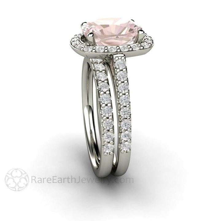 Morganite Cushion Cut Halo Engagement Ring Bridal Set - Rare Earth Jewelry