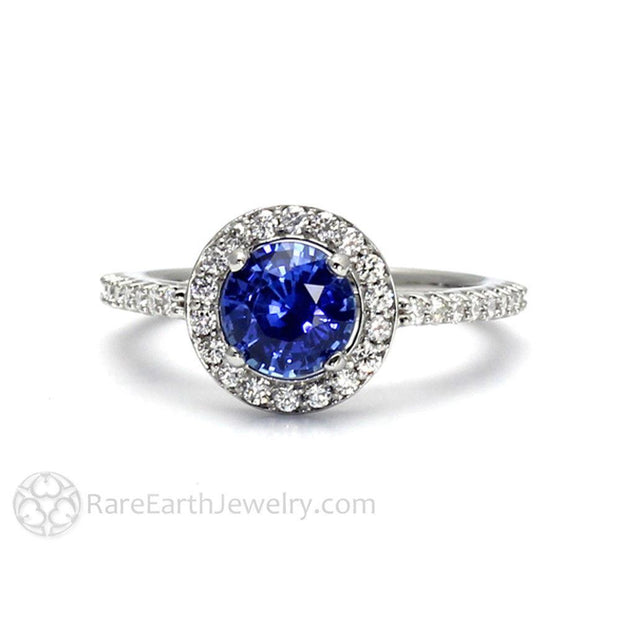 Ceylon Blue Sapphire Engagement Ring Round Diamond Halo - Platinum - Blue - Halo - Round - Rare Earth Jewelry