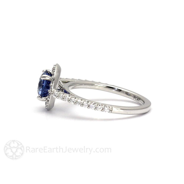 Ceylon Blue Sapphire Engagement Ring Round Diamond Halo 18K White Gold - Rare Earth Jewelry