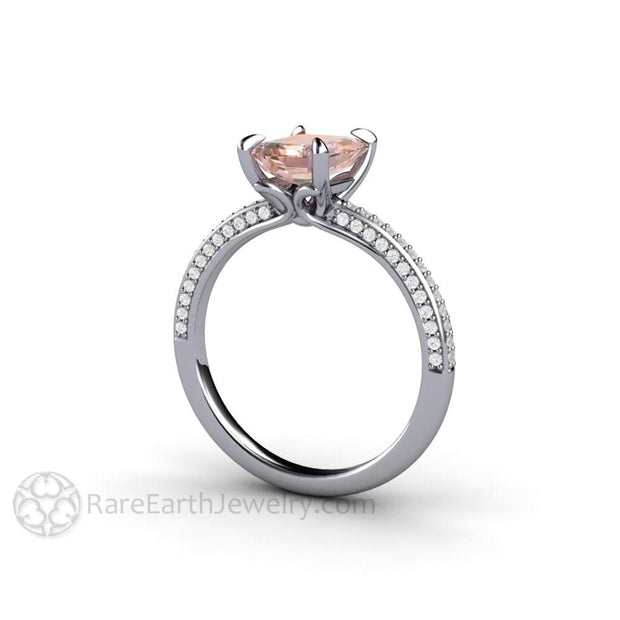 Champagne Pink Sapphire Engagement Ring Emerald Cut Pave Solitaire Platinum - Engagement Only - Rare Earth Jewelry