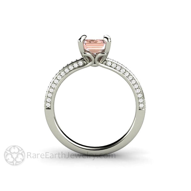 Champagne Pink Sapphire Engagement Ring Emerald Cut Pave Solitaire - 18K White Gold - Engagement Only - Emerald Octagon - Peach - Pink - Rare Earth Jewelry