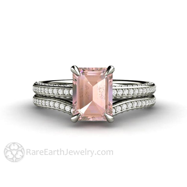 Champagne Pink Sapphire Engagement Ring Emerald Cut Pave Solitaire 14K White Gold - Wedding Set - Rare Earth Jewelry
