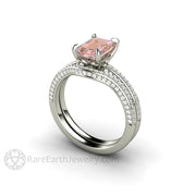 Champagne Pink Sapphire Engagement Ring Emerald Cut Pave Solitaire 18K White Gold - Wedding Set - Rare Earth Jewelry