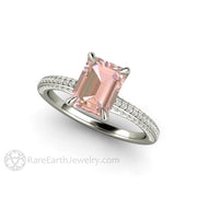 Champagne Pink Sapphire Engagement Ring Emerald Cut Pave Solitaire 18K White Gold - Engagement Only - Rare Earth Jewelry