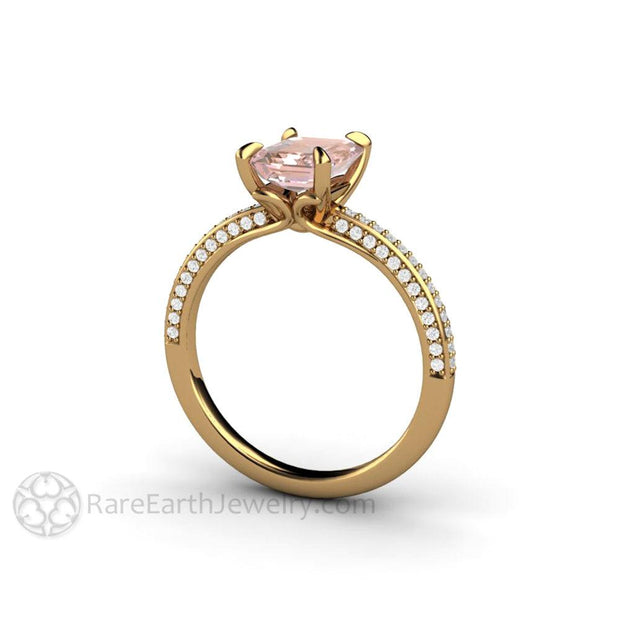 Champagne Pink Sapphire Engagement Ring Emerald Cut Pave Solitaire 18K Yellow Gold - Engagement Only - Rare Earth Jewelry