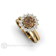 Chocolate Brown Moissanite Engagement Ring 6 Prong Vintage Round Cluster 14K Yellow Gold - Wedding Set - Rare Earth Jewelry