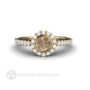 Cognac Brown Diamond Halo Engagement Ring Petite Pave Bezel Setting 14K Yellow Gold - Engagement Only - Rare Earth Jewelry