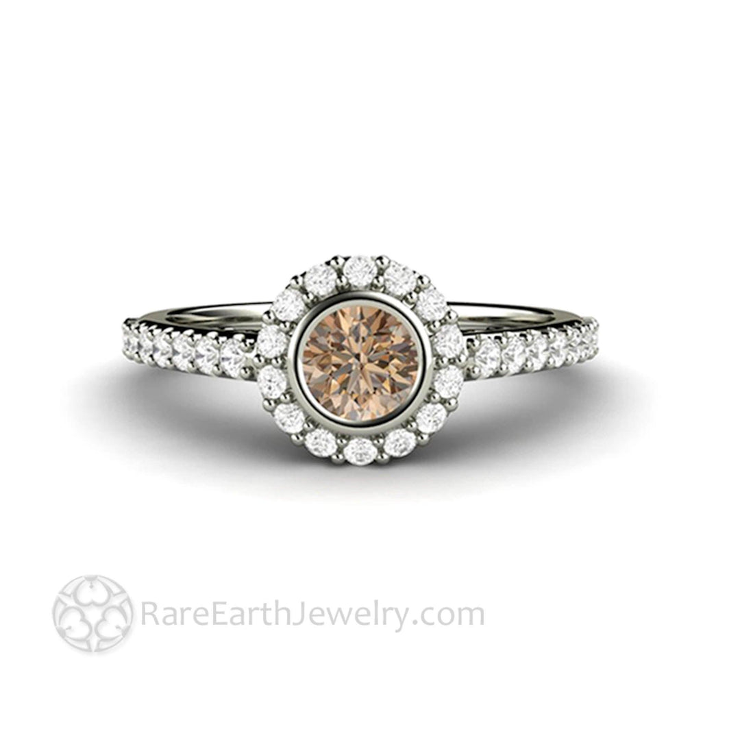 Cognac Brown Diamond Halo Engagement Ring Petite Pave Bezel Setting - Rare Earth Jewelry