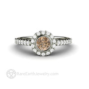 Cognac Brown Diamond Halo Engagement Ring Petite Pave Bezel Setting 14K White Gold - Engagement Only - Rare Earth Jewelry