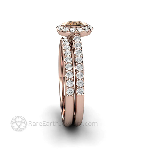 Cognac Brown Diamond Halo Engagement Ring Petite Pave Bezel Setting 14K Rose Gold - Wedding Set - Rare Earth Jewelry