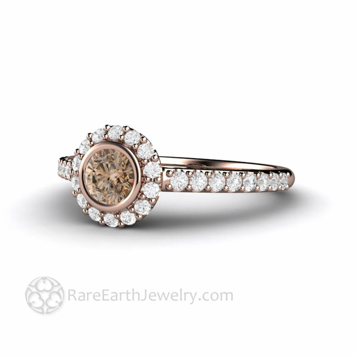 Cognac Brown Diamond Halo Engagement Ring Petite Pave Bezel Setting - Rare Earth Jewelry