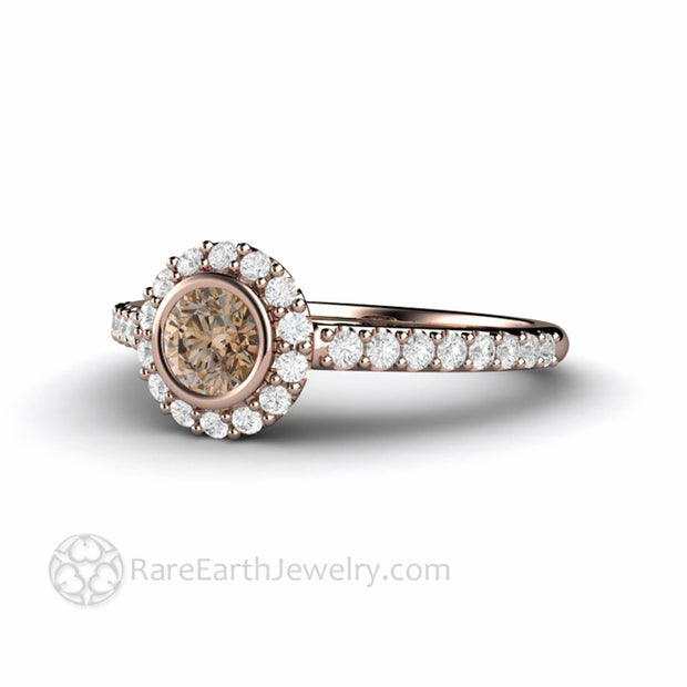 Cognac Brown Diamond Halo Engagement Ring Petite Pave Bezel Setting 14K Rose Gold -Engagement Only - Rare Earth Jewelry