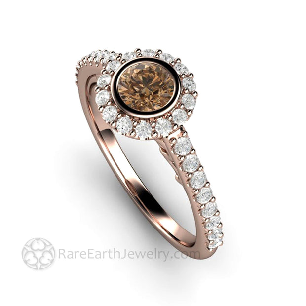 Cognac Brown Diamond Halo Engagement Ring Petite Pave Bezel Setting 14K Rose Gold -Engagement Only - Rare Earth Jewelry