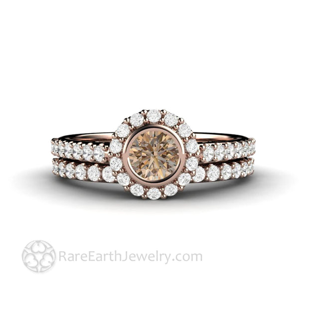 Cognac Brown Diamond Halo Engagement Ring Petite Pave Bezel Setting 14K Rose Gold - Wedding Set - Rare Earth Jewelry