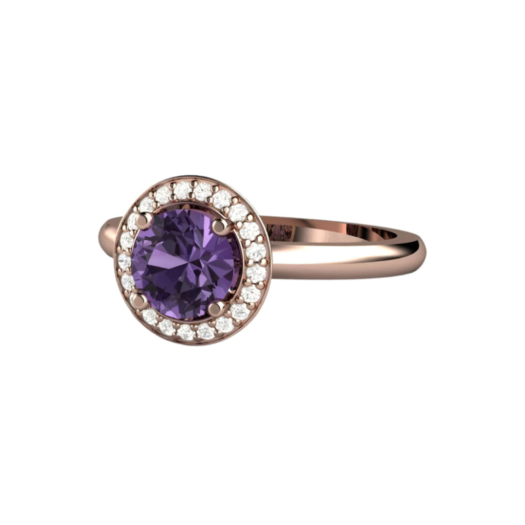 Color Change Purple Sapphire Engagement Ring, Diamond Halo Rose Gold | Rare Earth Jewelry