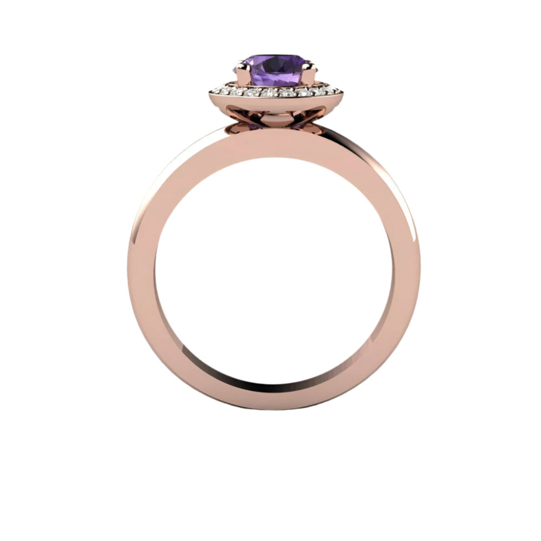 Color Change Purple Sapphire Engagement Ring, Diamond Halo, Profile View | Rare Earth Jewelry