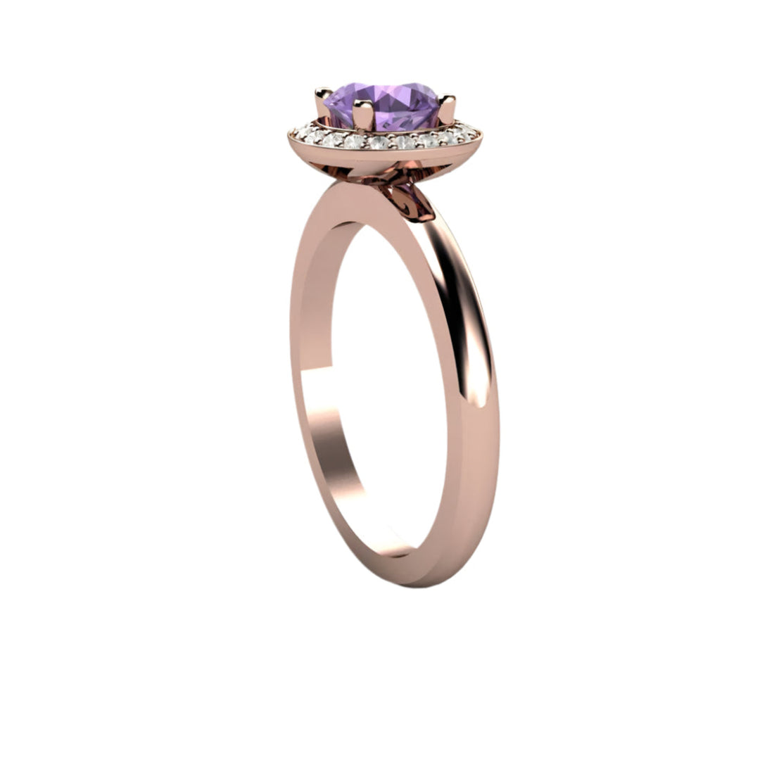 Color Change Purple Sapphire Engagement Ring, Diamond Halo, Side View | Rare Earth Jewelry