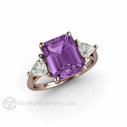 Color Change Purple Sapphire Engagement Ring Emerald Cut 3 Stone 14K Rose Gold - Rare Earth Jewelry