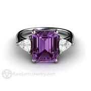 Color Change Purple Sapphire Engagement Ring Emerald Cut 3 Stone Platinum - Rare Earth Jewelry