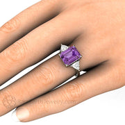 Color Change Purple Sapphire Engagement Ring Emerald Cut 3 Stone 14K White Gold - Rare Earth Jewelry