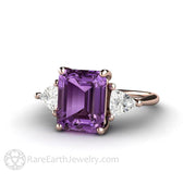Color Change Purple Sapphire Engagement Ring Emerald Cut 3 Stone 18K Rose Gold - Rare Earth Jewelry