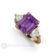 Color Change Purple Sapphire Engagement Ring Emerald Cut 3 Stone 18K Yellow Gold - Rare Earth Jewelry